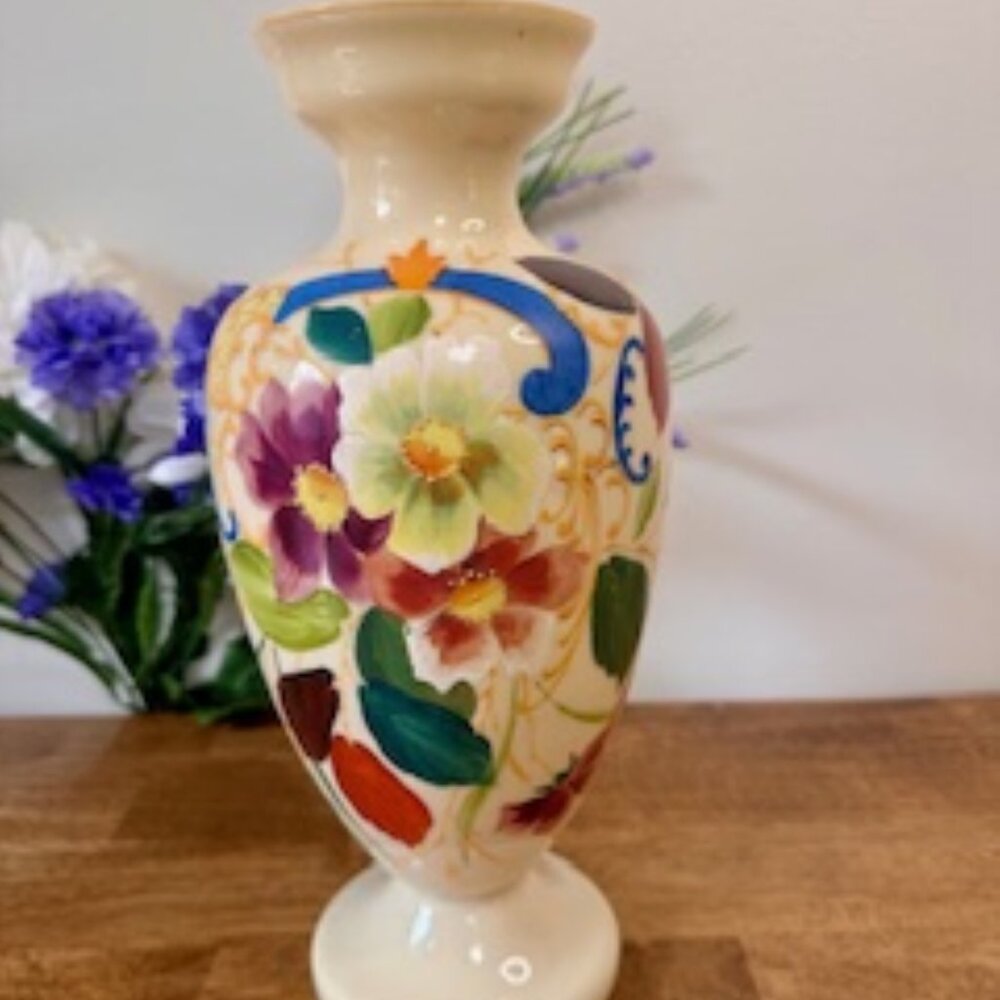 Vintage Hand Painted Floral‎ Pedestal Vase Multicolour Ceramic Pottery Decor